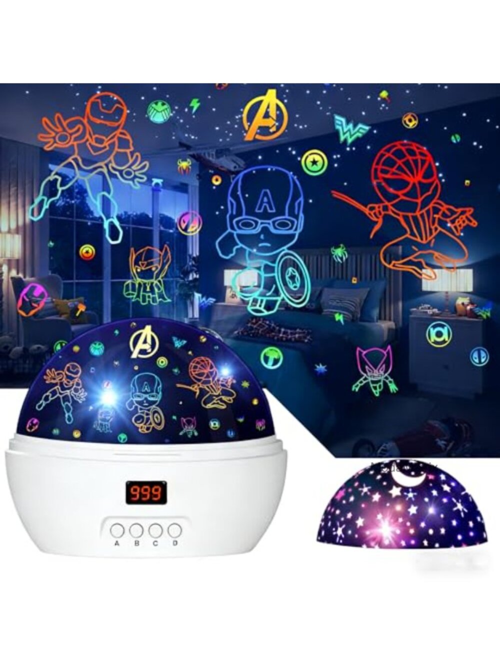 Superhero Night Light Projector for Kids with Starry Sky and Timer